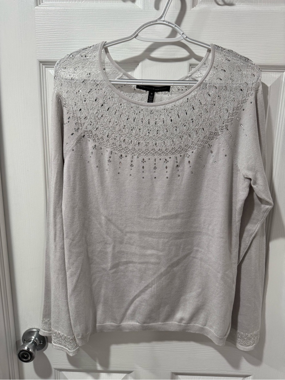 White House Black Market Light Gray Embellished Long-Sleeve sweater